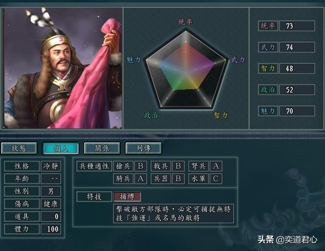 三国志11武将DIY数据一览（北方四大部落首领DIY属性分析）