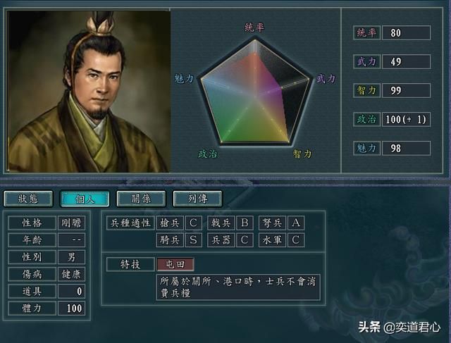 三国志11屯田特技武将有哪些（四个屯田武将初始属性一览）