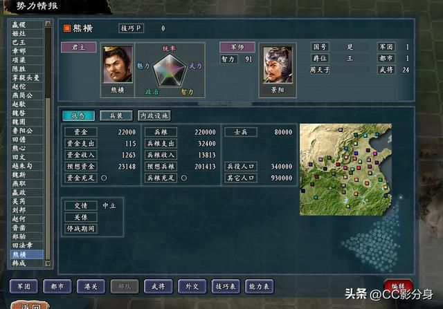 三国志11战国七雄:盘点游戏中的楚国势力