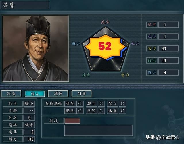 三国志11：盘点五项能力相加还不满100的角色，99%的玩家只知一半