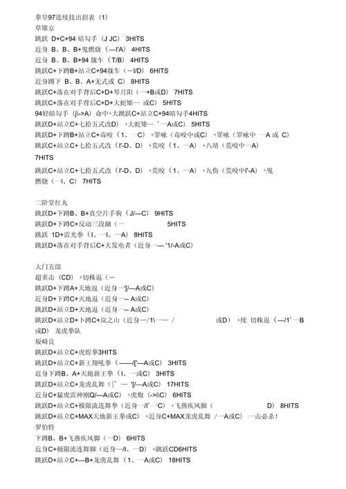 kof97出招表大全 拳皇97所有角色必杀技一览