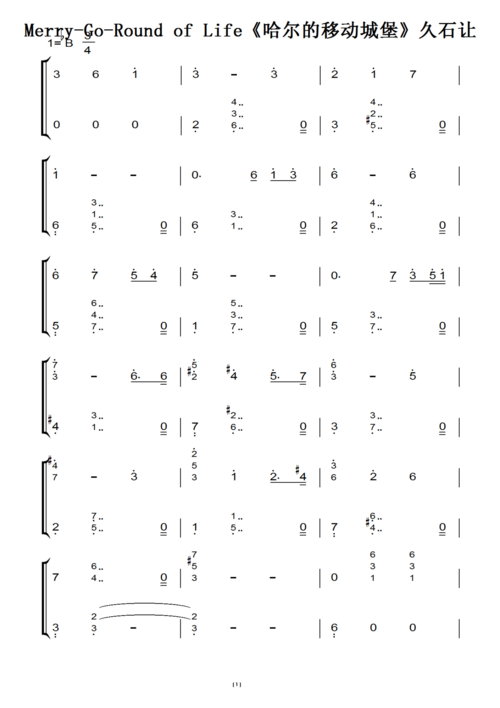 哈尔的移动城堡简谱大全 包含所有经典插曲乐谱