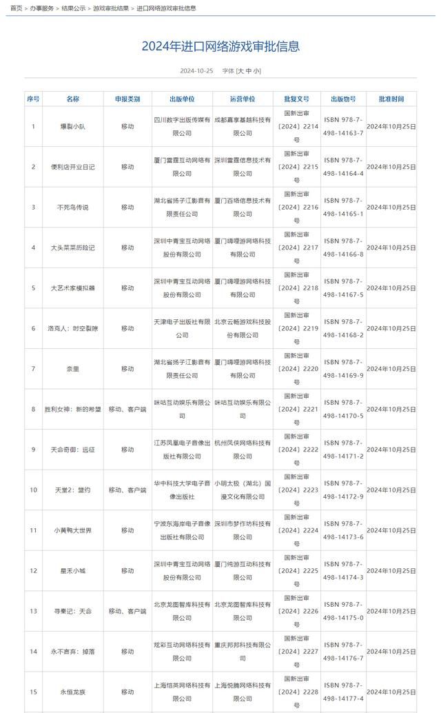 2024年10月国产网络游戏版号公开