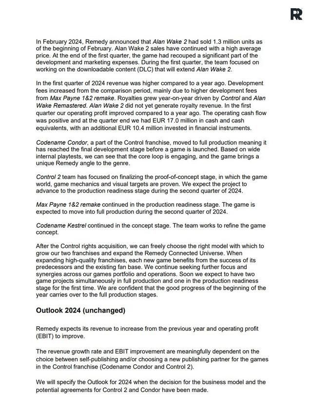 Remedy透露多个项目开发进度：《Condor》已进入最后开发阶段