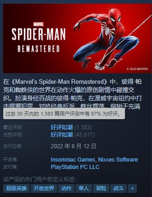 Steam97%好评如潮，《漫威蜘蛛侠》系列迎来折扣