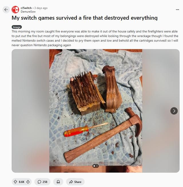 Switch卡带经历火灾后毫发无损