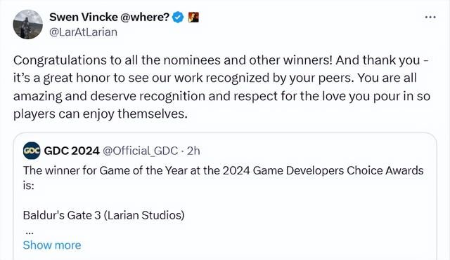 《博德之门3》获GDC年度游戏奖