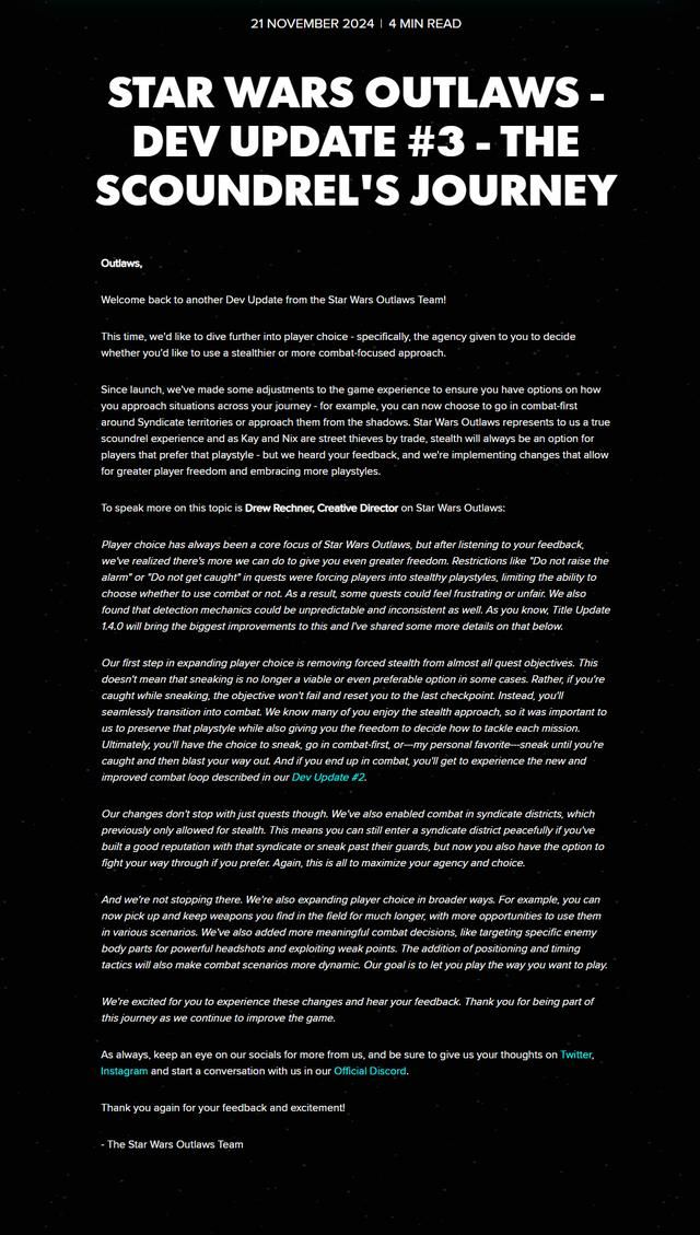 《星球大战：亡命之徒》将移除大部分强制潜行任务