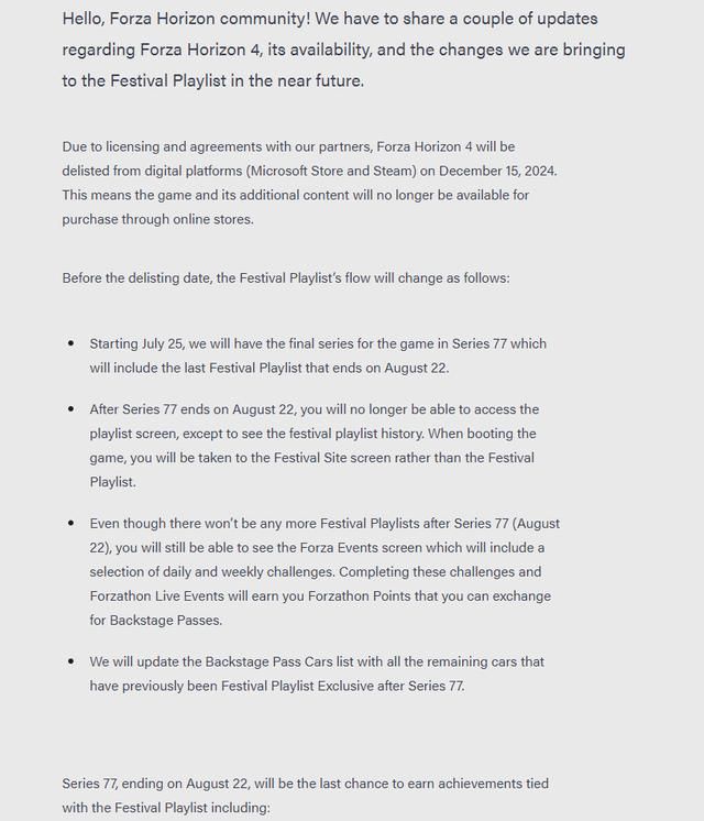 《极限竞速：地平线4》将于12月15日下架