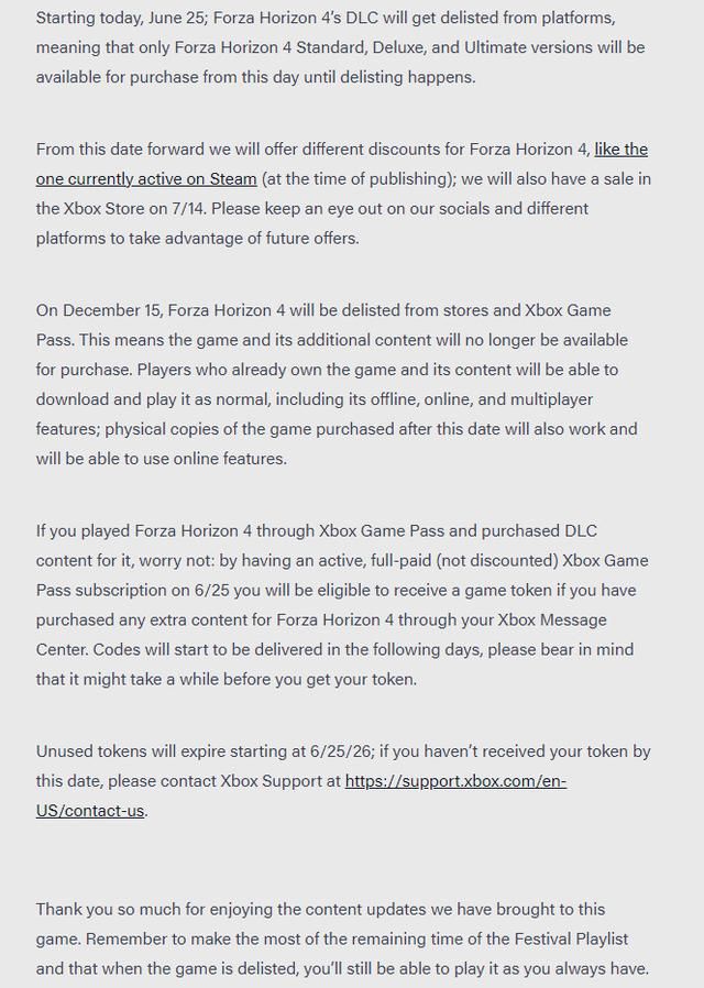 《极限竞速：地平线4》将于12月15日下架