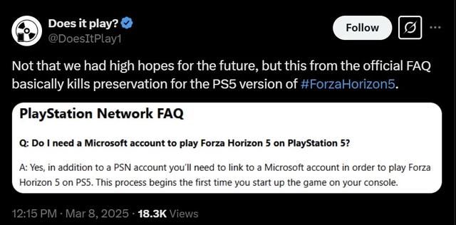 《极限竞速：地平线5》PlayStation版需强制绑定微软账户引担忧