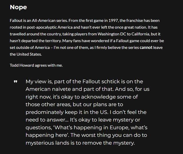 《辐射》系列不会离开美国