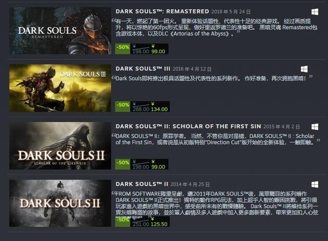 《黑暗之魂》系列Steam特卖开启 5折促销中！