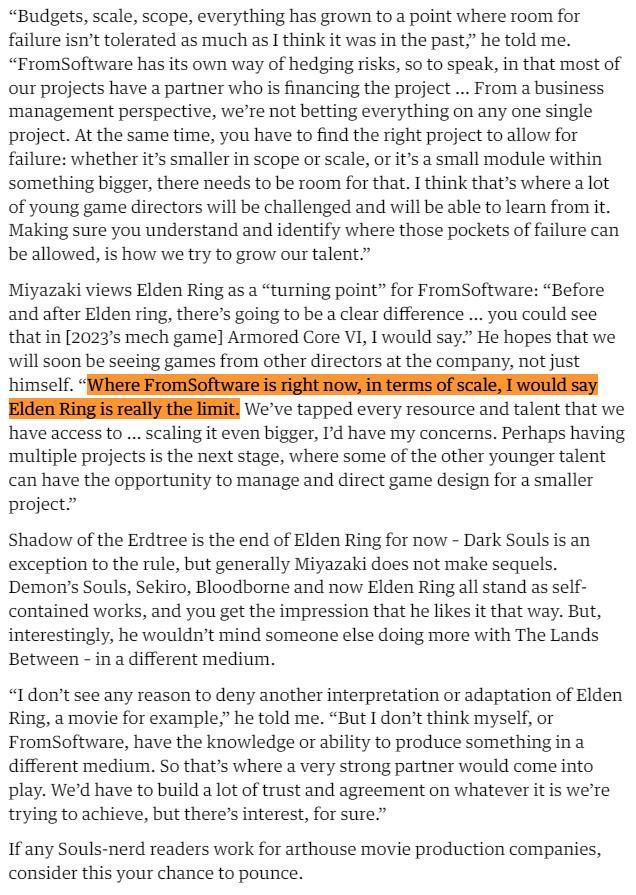 宫崎英高表示《艾尔登法环》的大小达到FS社极限