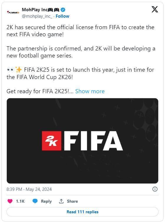曝2K将开发《FIFA》新作：《FIFA 2K25》或今年发售