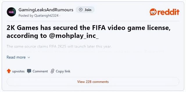 曝2K将开发《FIFA》新作：《FIFA 2K25》或今年发售