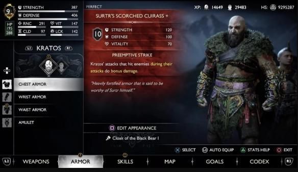 玩家发现《战神5》新装备黑熊战甲可根据腰甲改变颜色