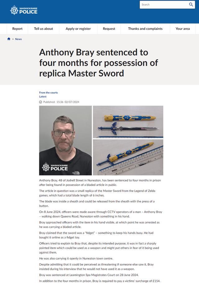 男子因携带塞尔达大师剑被逮捕
