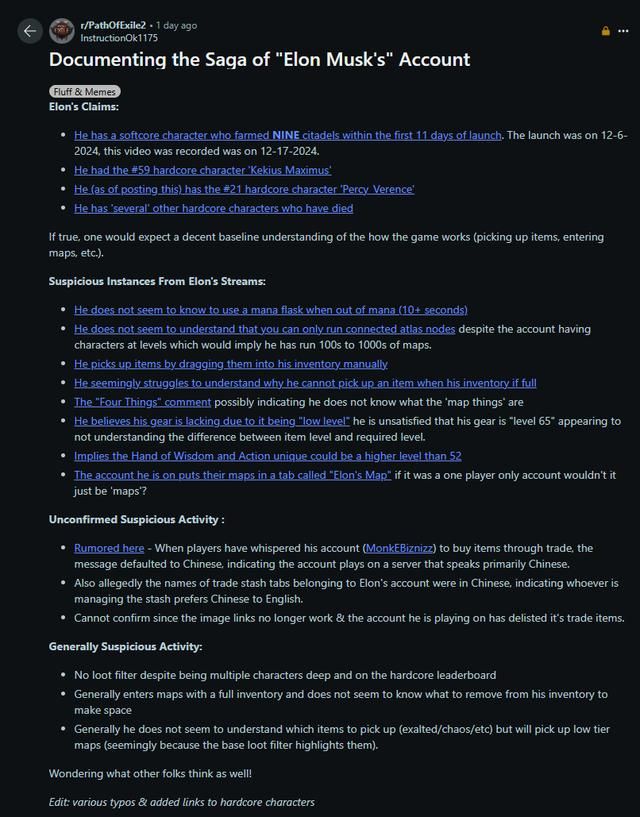 网友怀疑马斯克《流放之路2》角色系代练得来